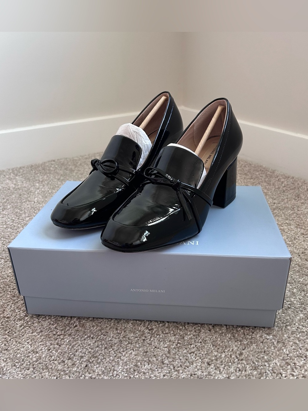 Antonio Melani Ahmber Black Patent Leather Block Heel Loafer Pumps Size 8M